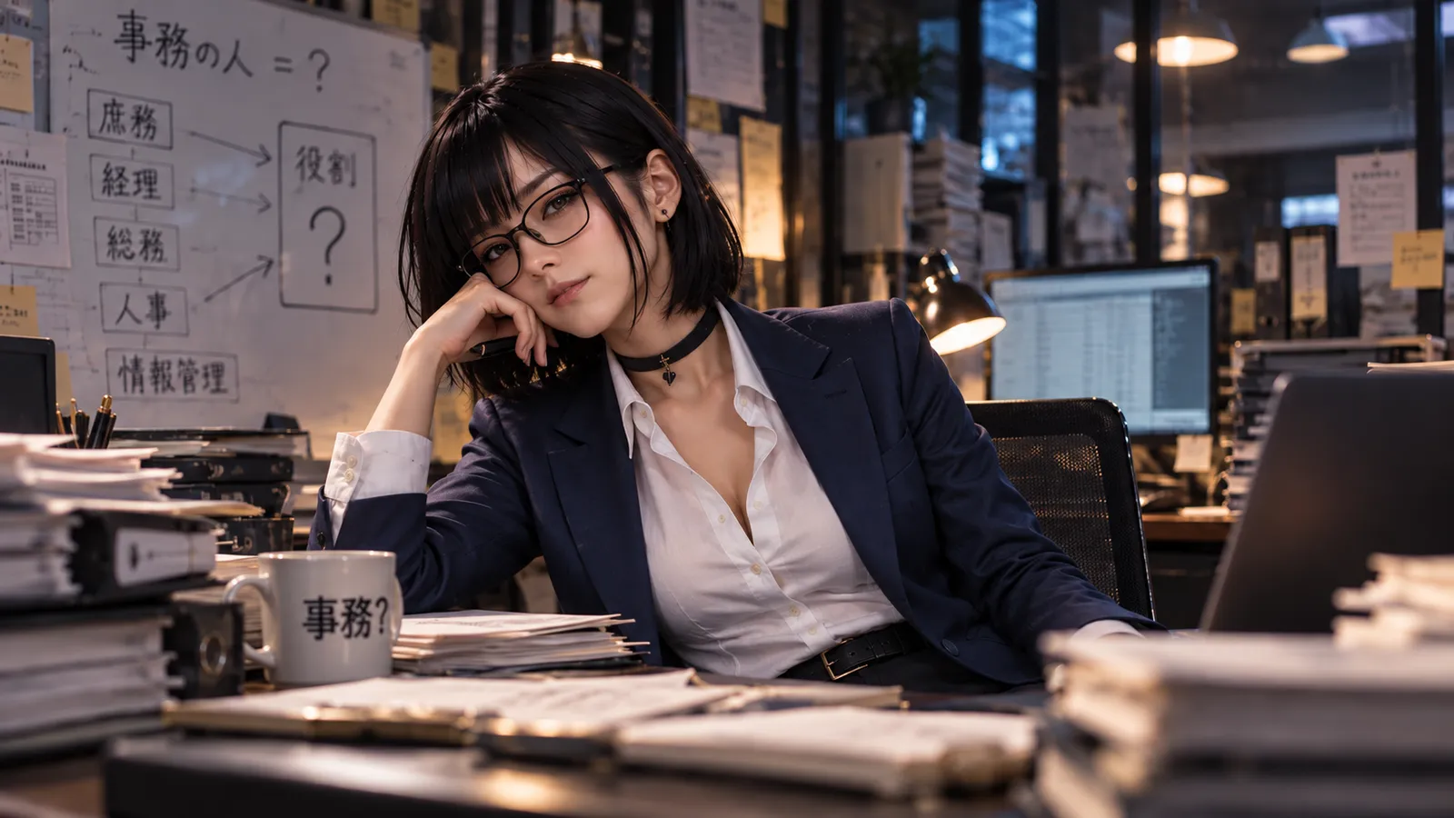 夜のオフィスで頬杖をつく、ショートボブに眼鏡の女性のイラスト。背後のホワイトボードには「事務の人＝？」と書かれ、庶務・経理・総務・人事・情報管理から「役割？」へ矢印が伸びている。手前のマグカップには「事務？」の文字