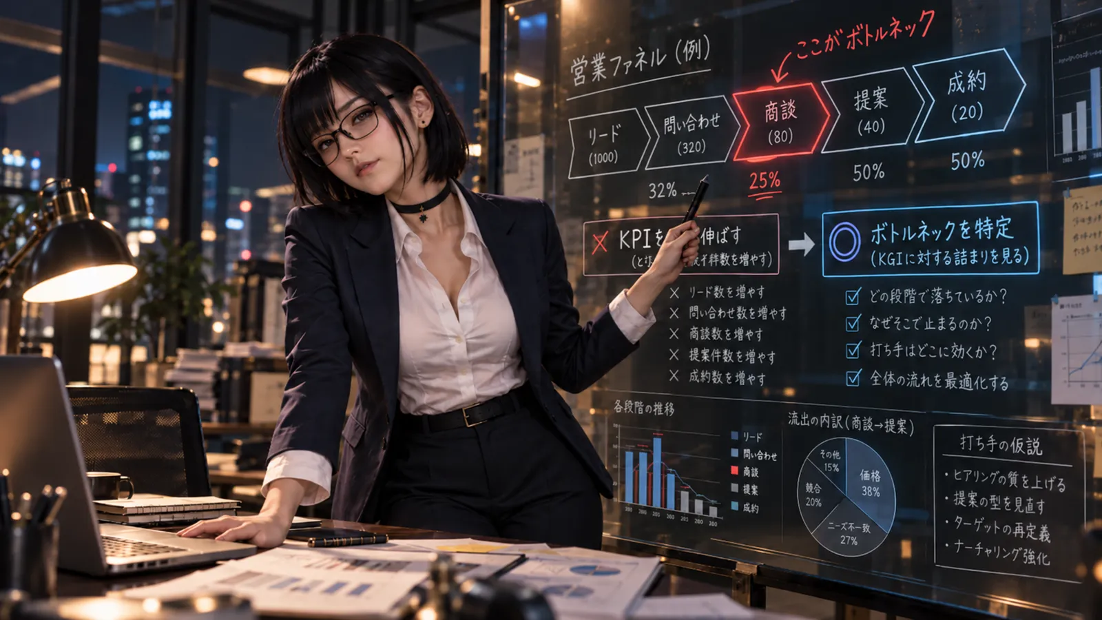 夜の会議室で、眼鏡の女性がガラスのボードを指しているイラスト。ボードには「営業ファネル（例）」として、リード1000→問い合わせ320→商談80→提案40→成約20と各段の移行率（32%・25%・50%・50%）が描かれ、商談の段に赤字で「ここがボトルネック」。その下に「KPIを伸ばす」に×、「ボトルネックを特定（KGIに対する詰まりを見る）」に◎が付いている