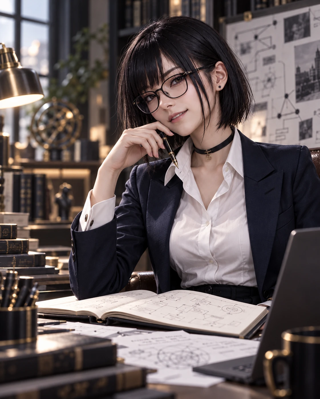 ショートボブに黒縁眼鏡、紺のジャケットに白いシャツとチョーカーの若い女性のイラスト。ペンを頬に当てて笑っている
